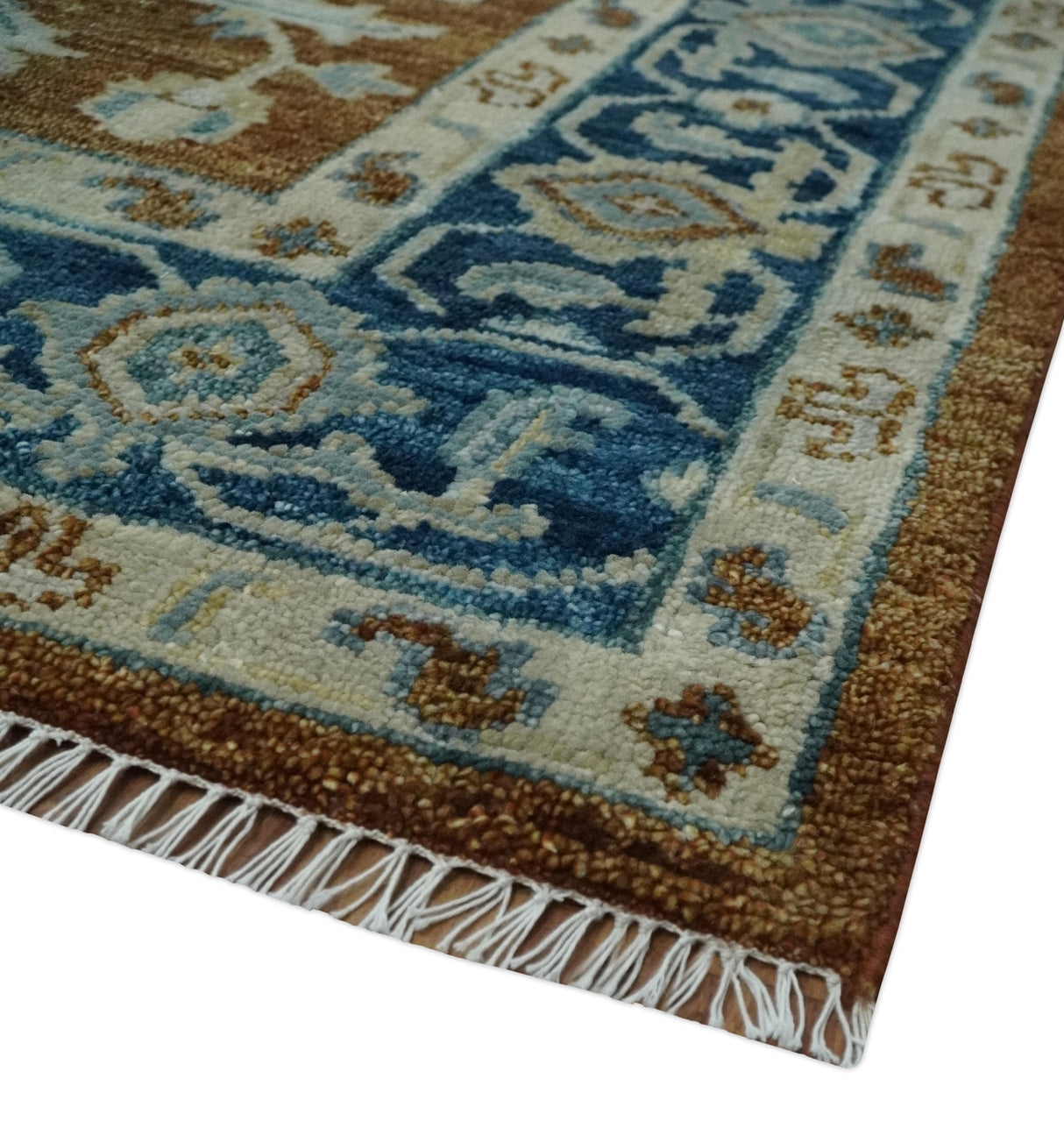 Large Rust and Blue 9x12 Hand Knotted Traditional Wool Turkish Design Area Rug