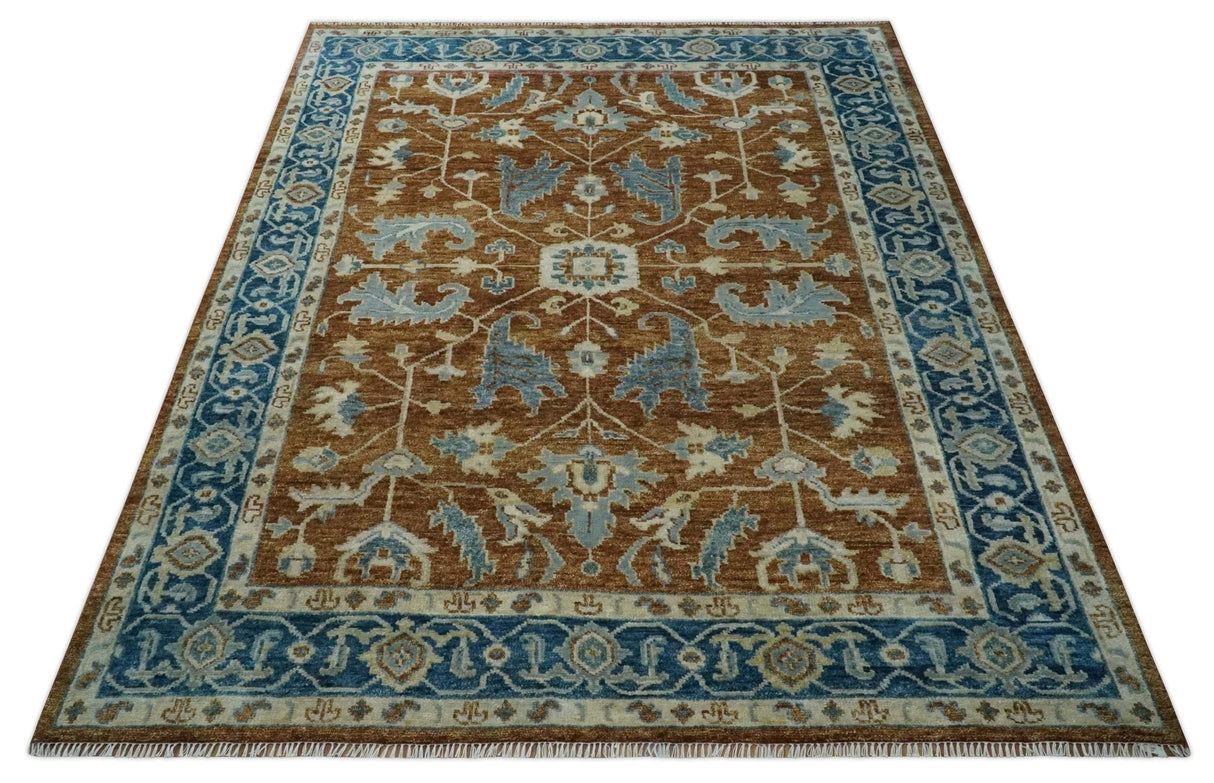 Large Rust and Blue 9x12 Hand Knotted Traditional Wool Turkish Design Area Rug