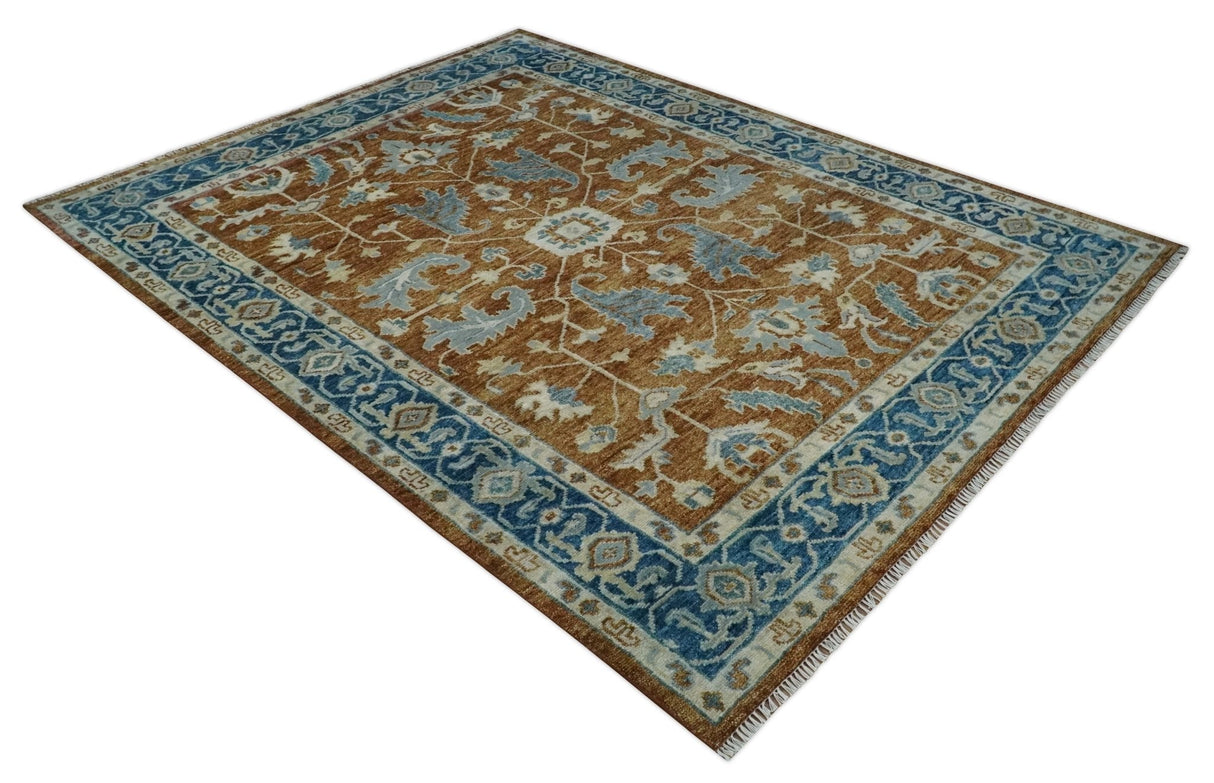 Large Rust and Blue 9x12 Hand Knotted Traditional Wool Turkish Design Area Rug