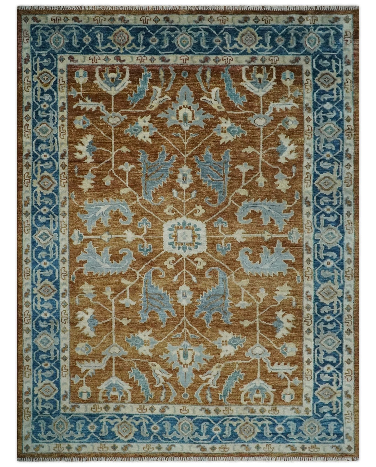 Large Rust and Blue 9x12 Hand Knotted Traditional Wool Turkish Design Area Rug