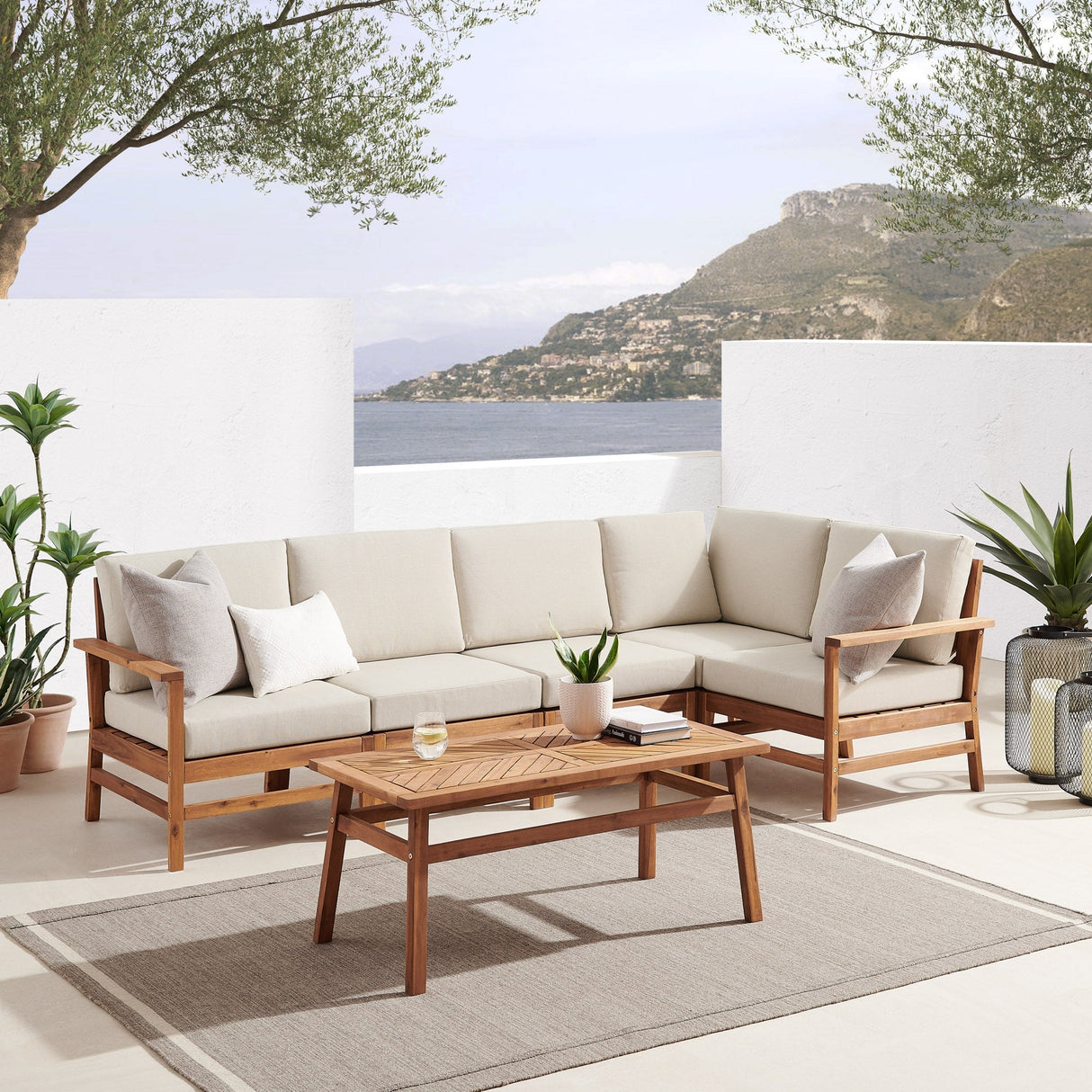 Lavinia Modern Acacia Wood Outdoor 6-Piece Corner Sectional with Coffee Table