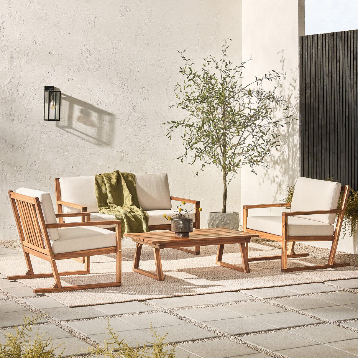 Leopold Modern Wood Outdoor 4-Piece Chat Set with Coffee Table