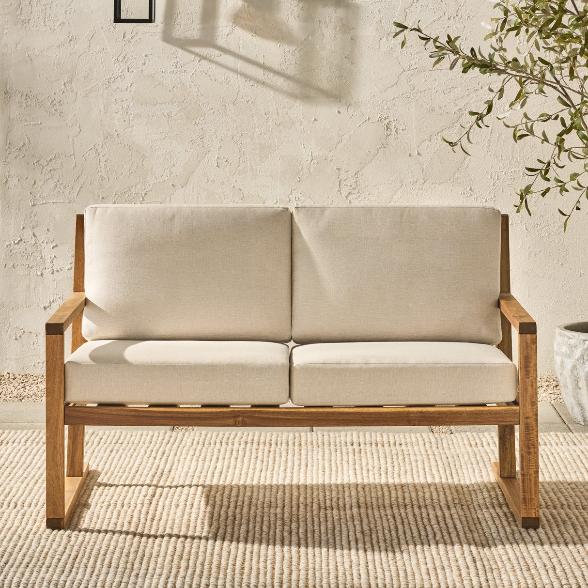 Leopold Modern Wood Slatted Outdoor Loveseat