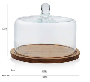 Libbey Acaciawood Flat Round Wood Server Cake Stand with Glass Dome