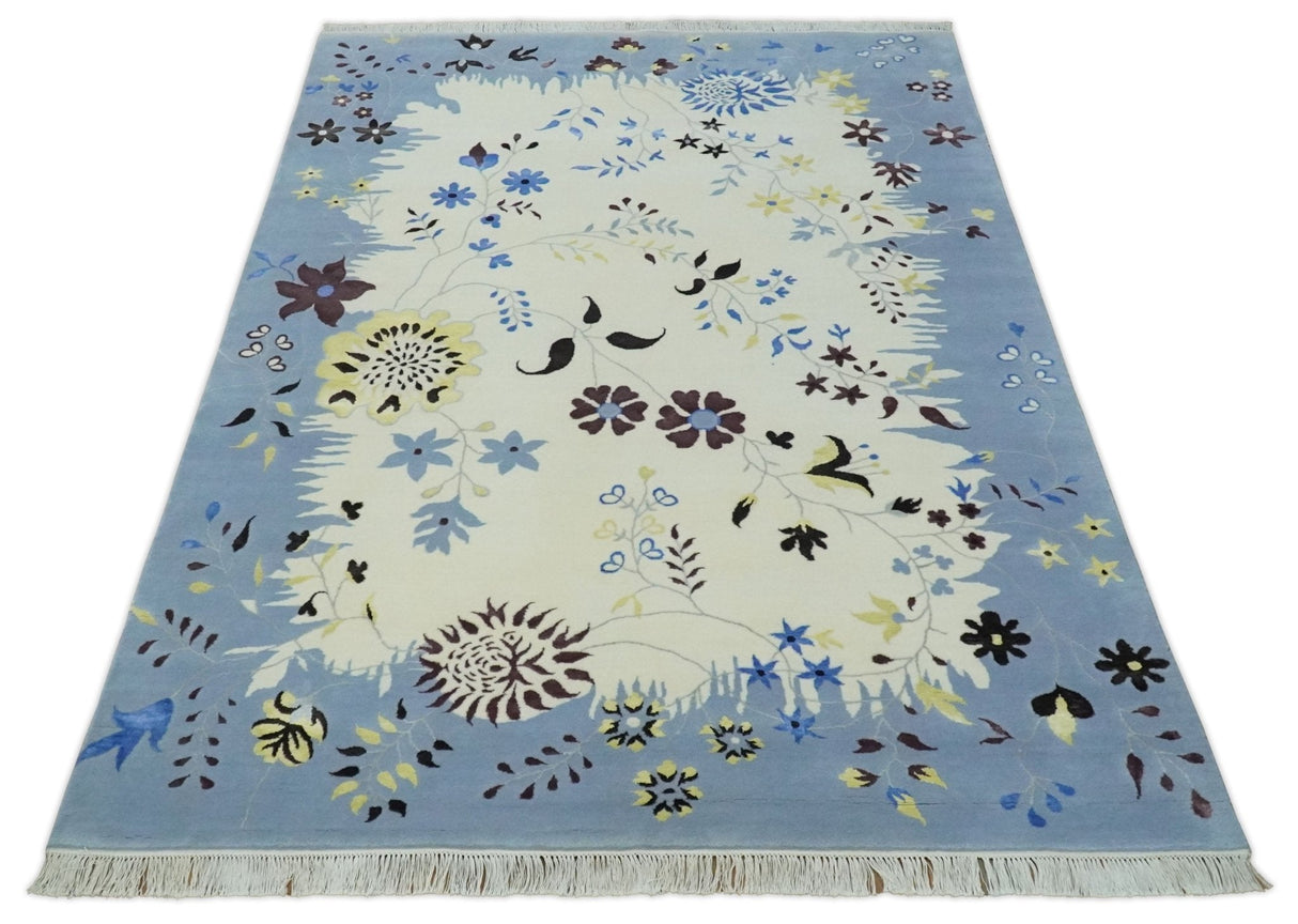 Light Blue, Ivory, Charcoal and Brown Hand Knotted Traditional Floral 6.6x10 Wool Area Rug