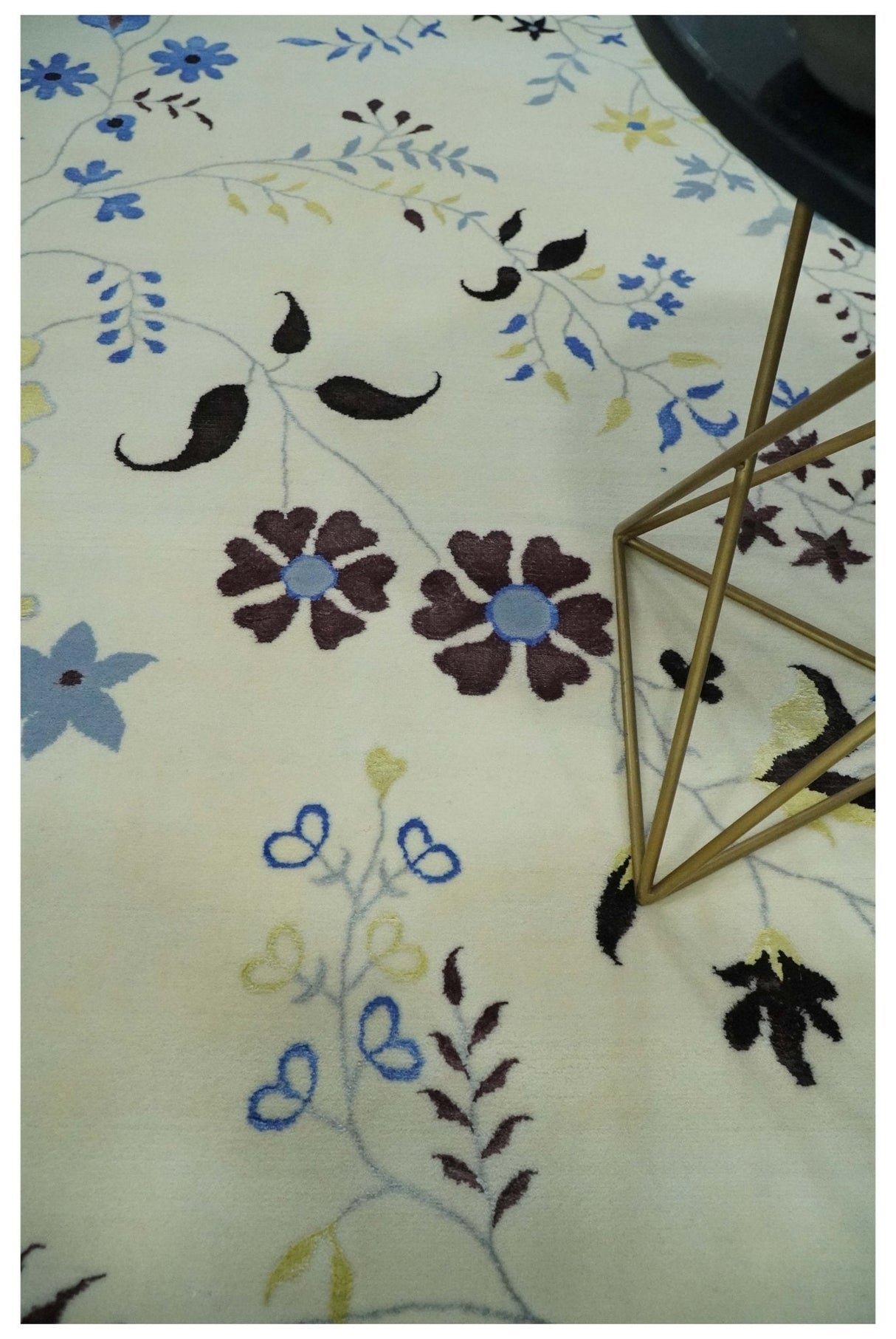 Light Blue, Ivory, Charcoal and Brown Hand Knotted Traditional Floral 6.6x10 Wool Area Rug