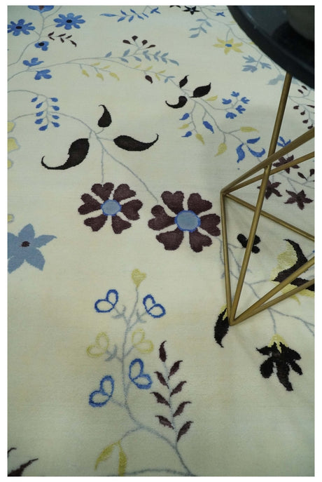 Light Blue, Ivory, Charcoal and Brown Hand Knotted Traditional Floral 6.6x10 Wool Area Rug
