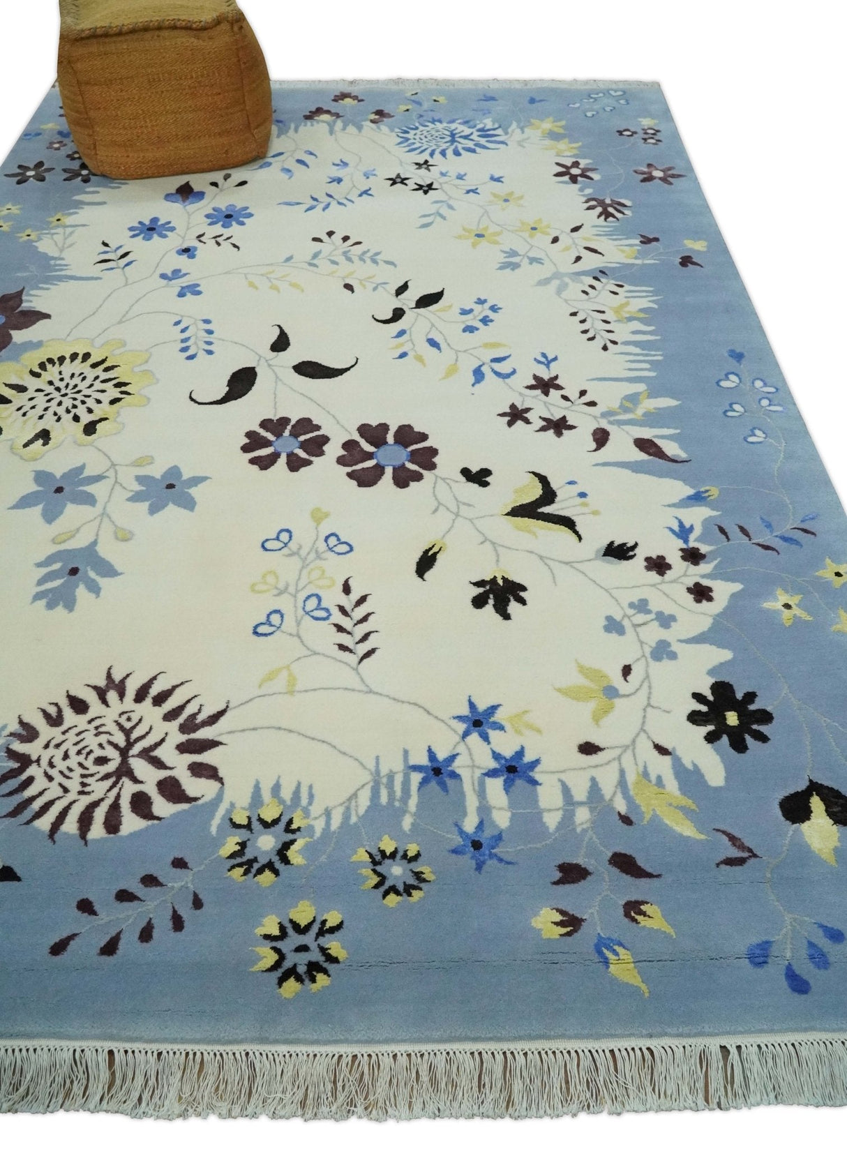 Light Blue, Ivory, Charcoal and Brown Hand Knotted Traditional Floral 6.6x10 Wool Area Rug