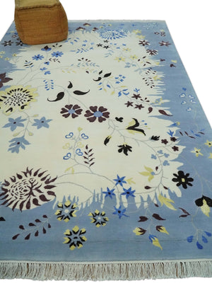 Light Blue, Ivory, Charcoal and Brown Hand Knotted Traditional Floral 6.6x10 Wool Area Rug