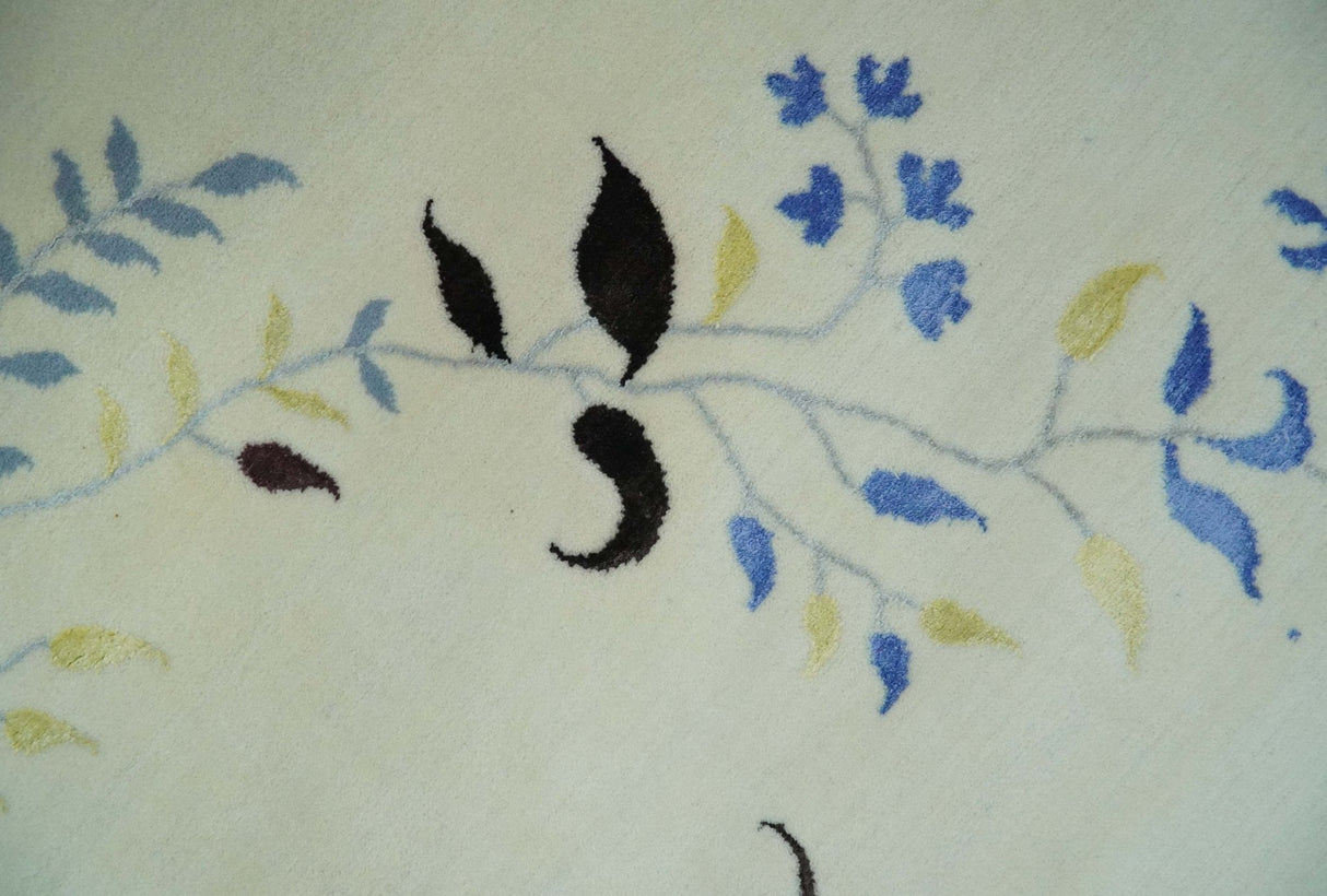 Light Blue, Ivory, Charcoal and Brown Hand Knotted Traditional Floral 6.6x10 Wool Area Rug