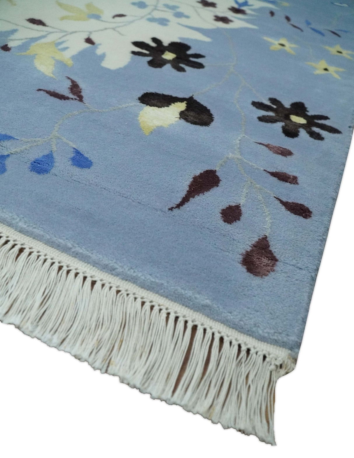 Light Blue, Ivory, Charcoal and Brown Hand Knotted Traditional Floral 6.6x10 Wool Area Rug