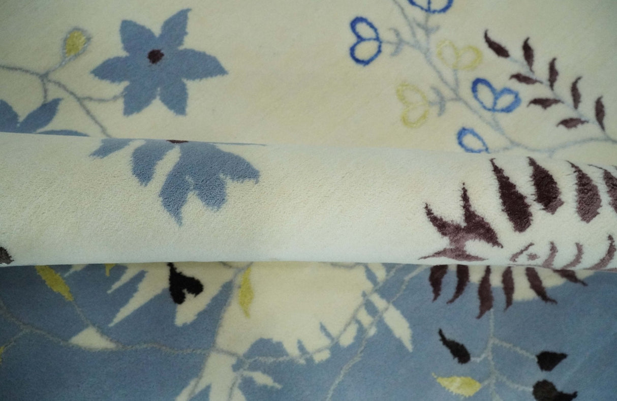 Light Blue, Ivory, Charcoal and Brown Hand Knotted Traditional Floral 6.6x10 Wool Area Rug