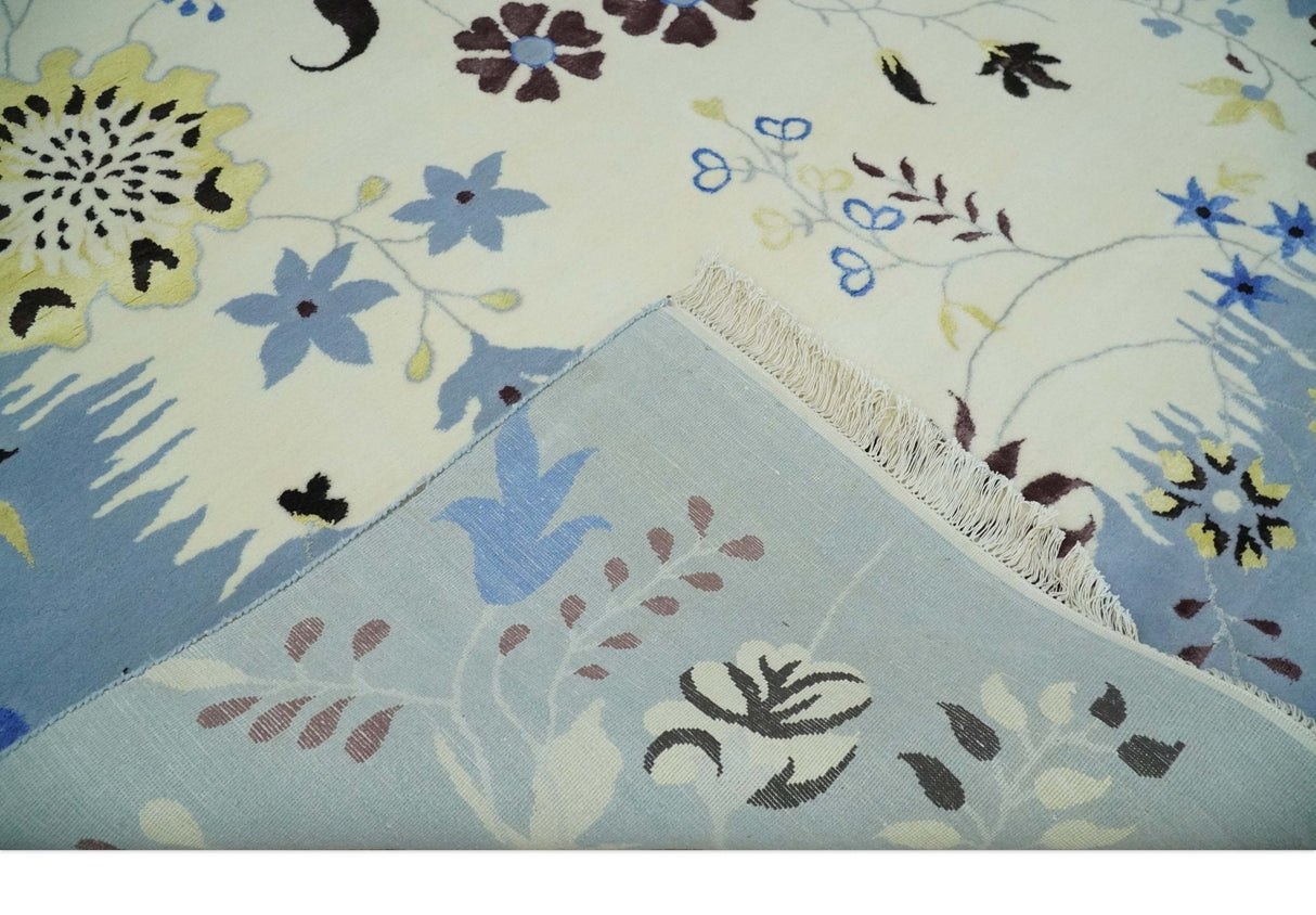 Light Blue, Ivory, Charcoal and Brown Hand Knotted Traditional Floral 6.6x10 Wool Area Rug