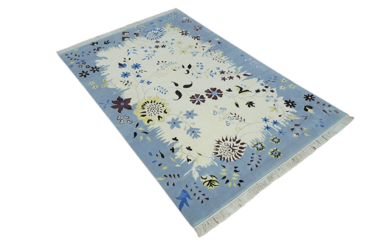 Light Blue, Ivory, Charcoal and Brown Hand Knotted Traditional Floral 6.6x10 Wool Area Rug