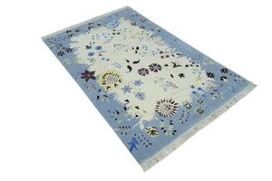 Light Blue, Ivory, Charcoal and Brown Hand Knotted Traditional Floral 6.6x10 Wool Area Rug