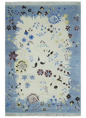 Light Blue, Ivory, Charcoal and Brown Hand Knotted Traditional Floral 6.6x10 Wool Area Rug