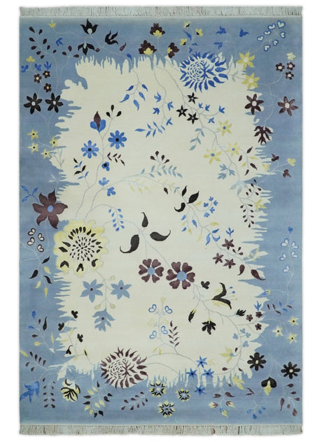 Light Blue, Ivory, Charcoal and Brown Hand Knotted Traditional Floral 6.6x10 Wool Area Rug