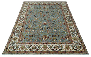 Light Blue, Ivory and Peach Turkish Design Traditional Floral 8x10 and 9x12 Hand Knotted Wool Area Rug