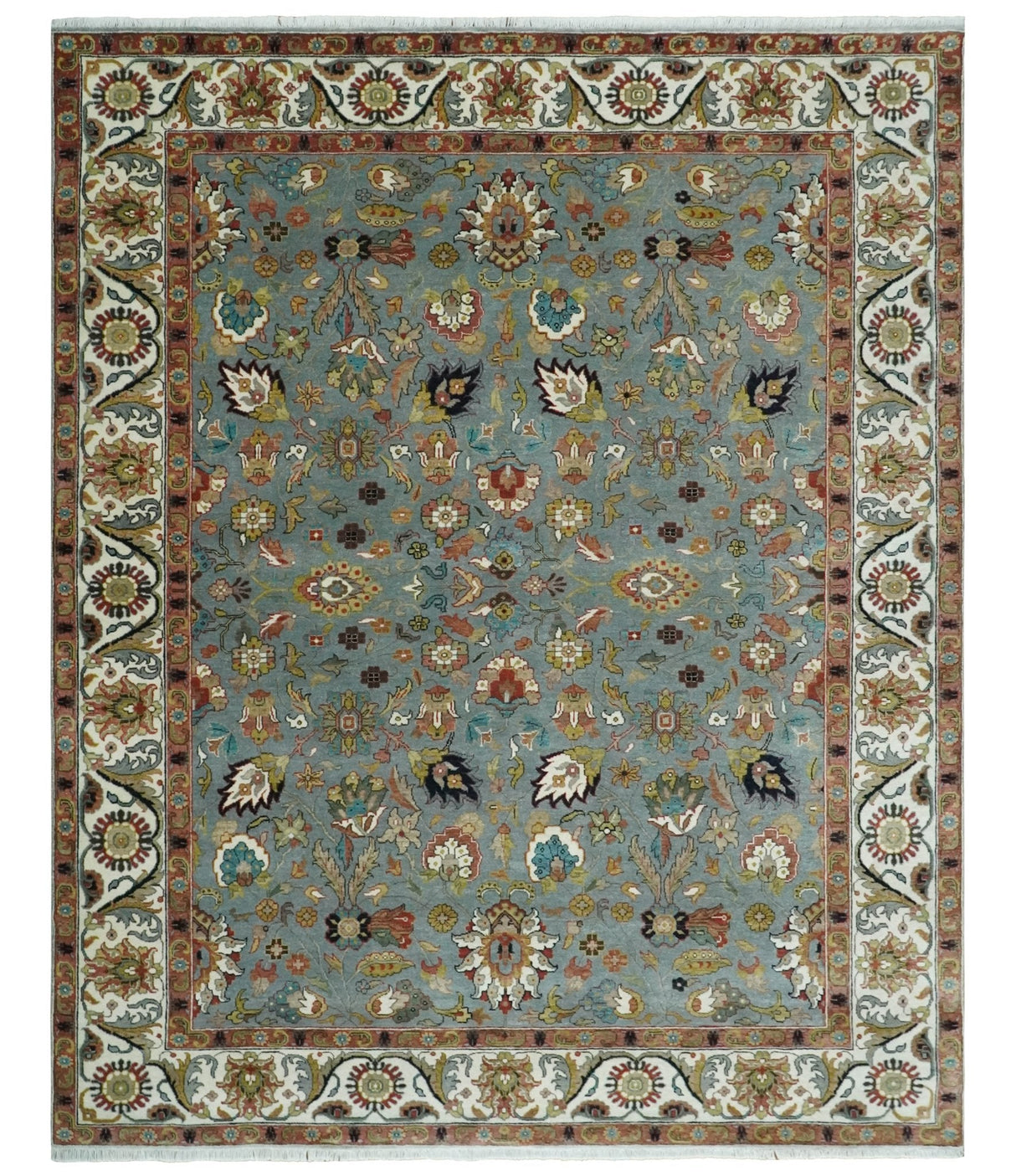 Light Blue, Ivory and Peach Turkish Design Traditional Floral 8x10 and 9x12 Hand Knotted Wool Area Rug