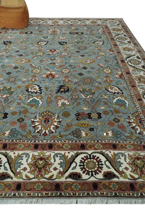 Light Blue, Ivory and Peach Turkish Design Traditional Floral 8x10 and 9x12 Hand Knotted Wool Area Rug