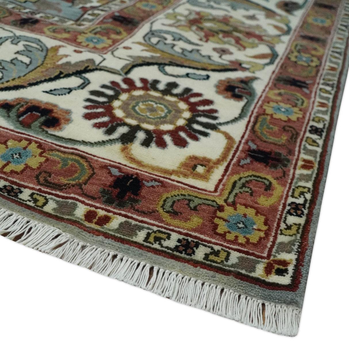 Light Blue, Ivory and Peach Turkish Design Traditional Floral 8x10 and 9x12 Hand Knotted Wool Area Rug