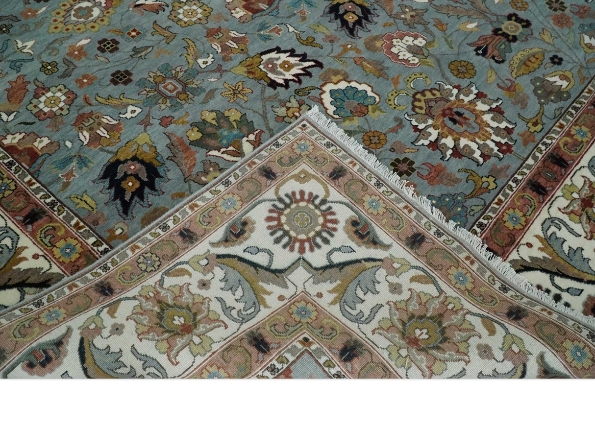 Light Blue, Ivory and Peach Turkish Design Traditional Floral 8x10 and 9x12 Hand Knotted Wool Area Rug