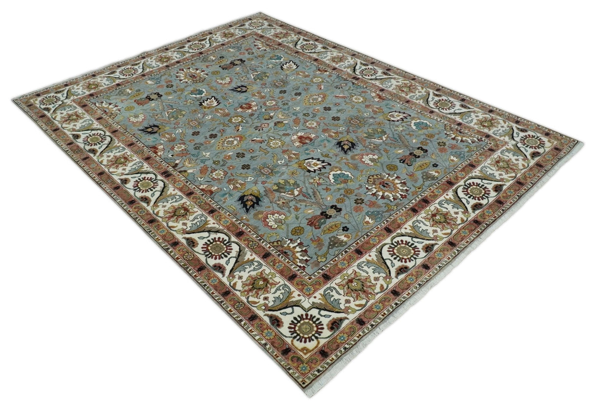 Light Blue, Ivory and Peach Turkish Design Traditional Floral 8x10 and 9x12 Hand Knotted Wool Area Rug