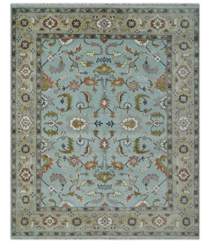 Light Blue and Camel 8x10 Hand Knotted Traditional Floral Oushak Rug