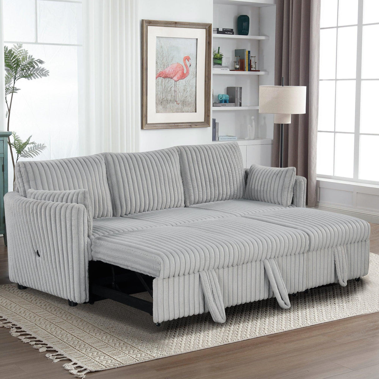 Light Gray Faux Fur Oversized Convertible Sleeper Sectional Sofa Couch Daybed and Chair Pull Out with 2 Pillows, USB Charging Ports for Living Room