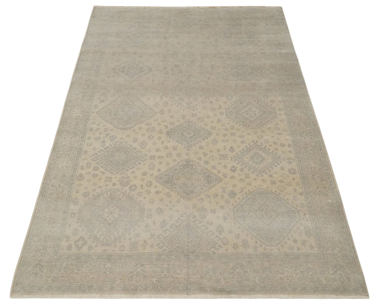 Low Pile 6x9 Hand Knotted Beige and Gray Traditional Wool Area Rug