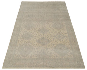 Low Pile 6x9 Hand Knotted Beige and Gray Traditional Wool Area Rug