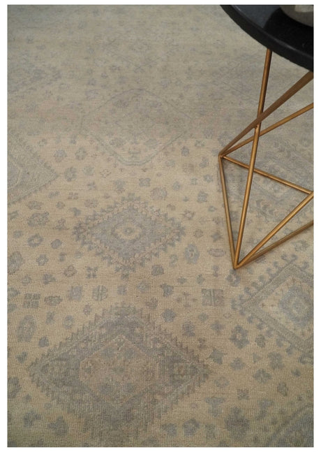 Low Pile 6x9 Hand Knotted Beige and Gray Traditional Wool Area Rug