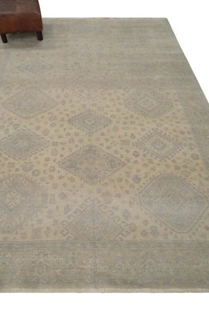 Low Pile 6x9 Hand Knotted Beige and Gray Traditional Wool Area Rug