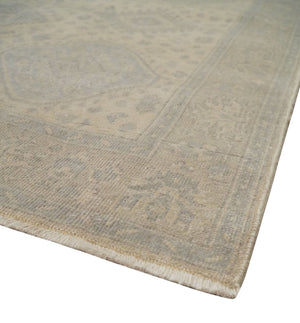 Low Pile 6x9 Hand Knotted Beige and Gray Traditional Wool Area Rug