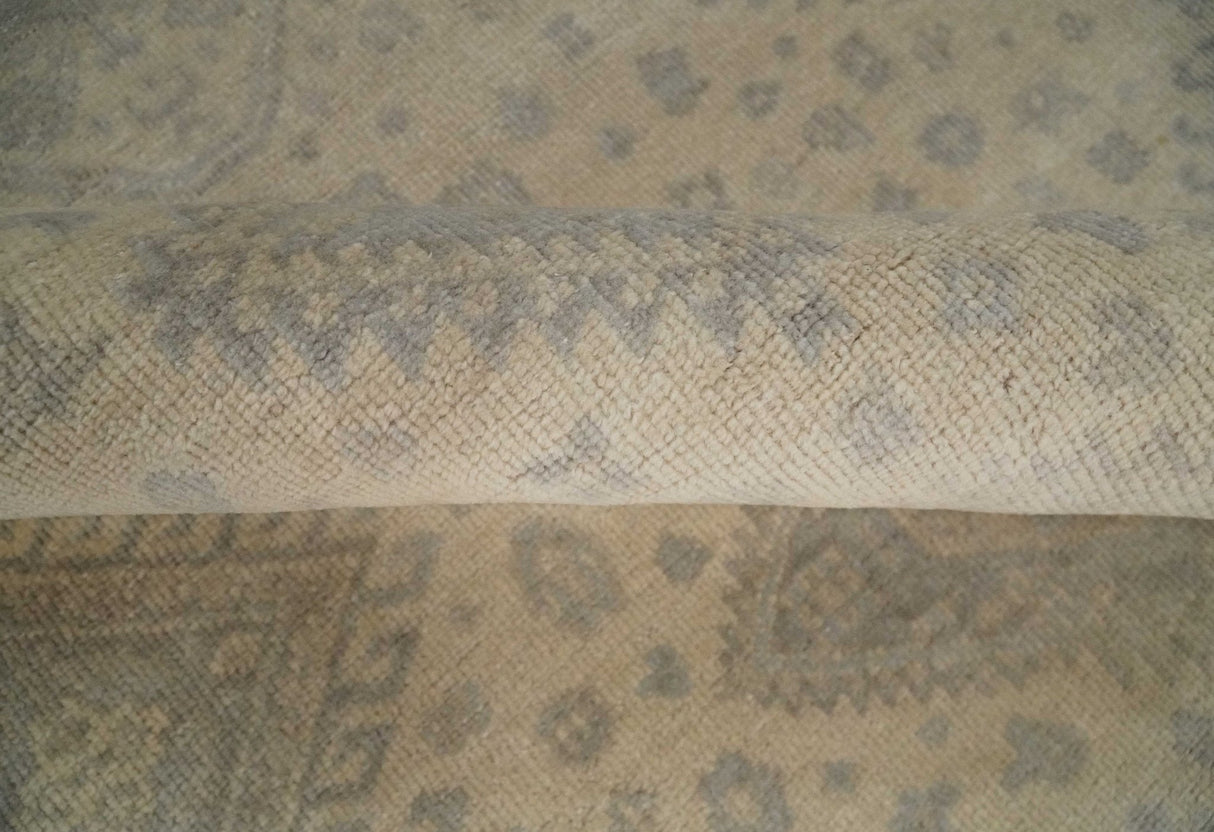 Low Pile 6x9 Hand Knotted Beige and Gray Traditional Wool Area Rug