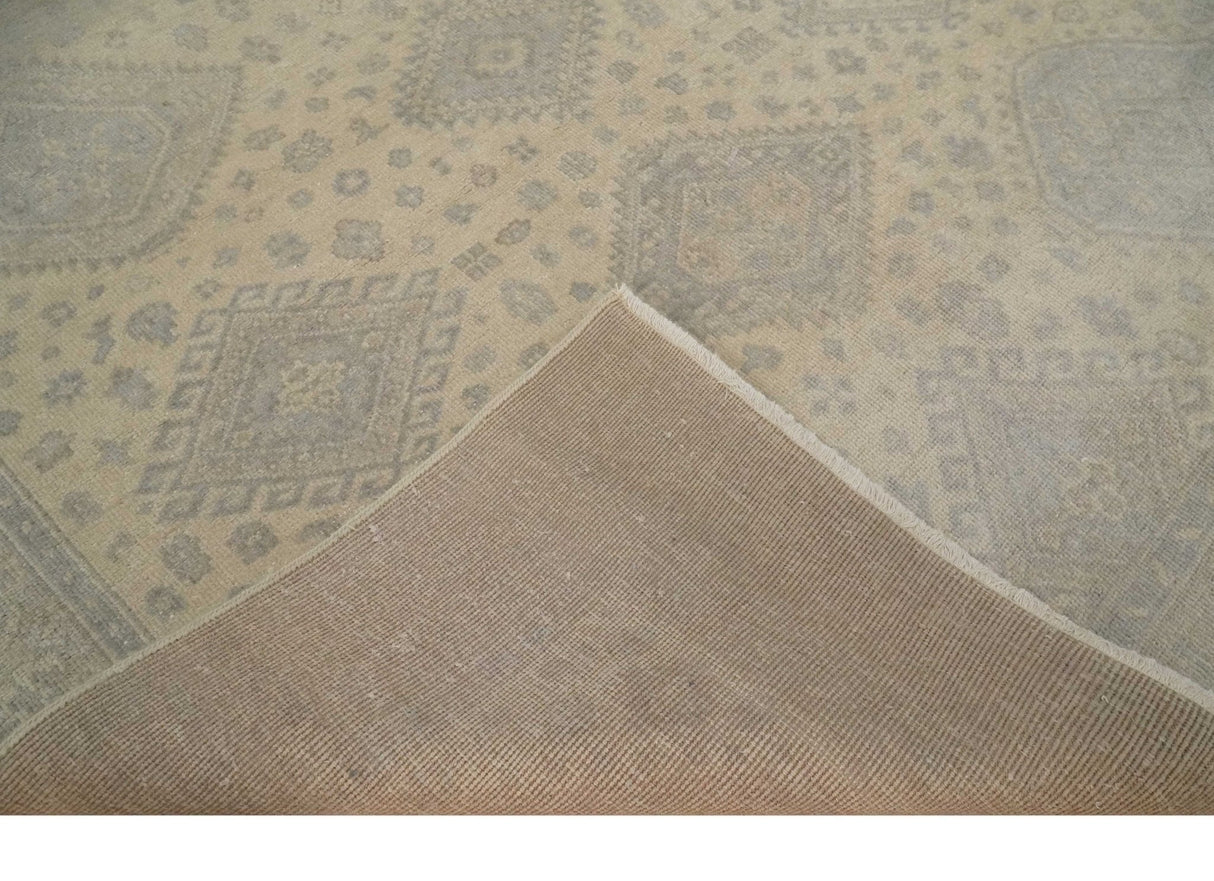Low Pile 6x9 Hand Knotted Beige and Gray Traditional Wool Area Rug
