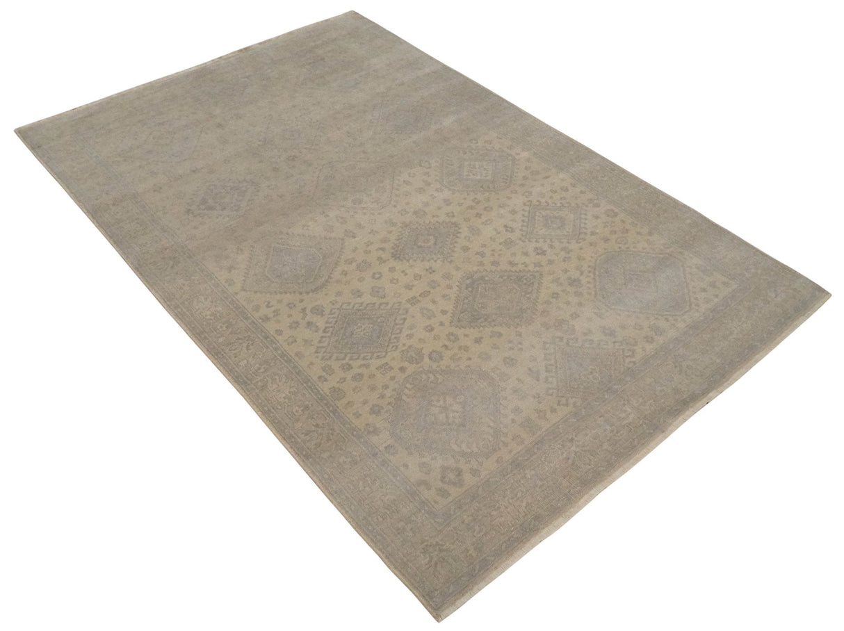 Low Pile 6x9 Hand Knotted Beige and Gray Traditional Wool Area Rug
