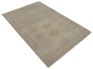 Low Pile 6x9 Hand Knotted Beige and Gray Traditional Wool Area Rug