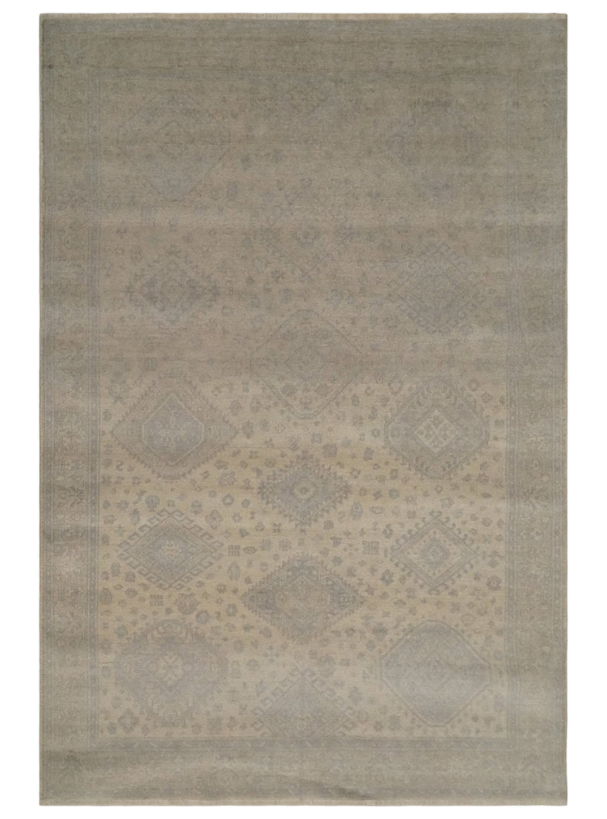 Low Pile 6x9 Hand Knotted Beige and Gray Traditional Wool Area Rug