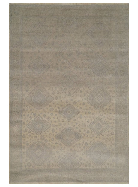 Low Pile 6x9 Hand Knotted Beige and Gray Traditional Wool Area Rug