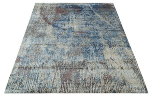 Luxury 8x10 Hand knotted Blue, Ivory and Brown Abstract wool and Silk Blended Area Rug