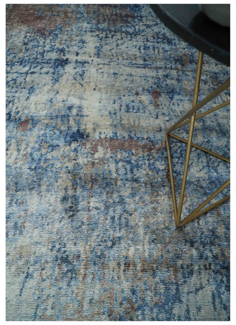 Luxury 8x10 Hand knotted Blue, Ivory and Brown Abstract wool and Silk Blended Area Rug