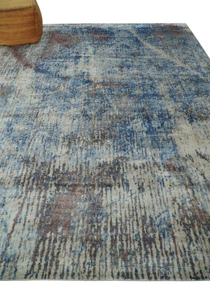 Luxury 8x10 Hand knotted Blue, Ivory and Brown Abstract wool and Silk Blended Area Rug