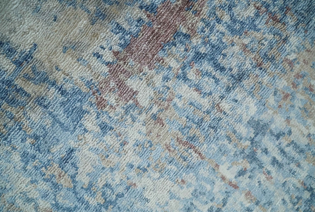 Luxury 8x10 Hand knotted Blue, Ivory and Brown Abstract wool and Silk Blended Area Rug