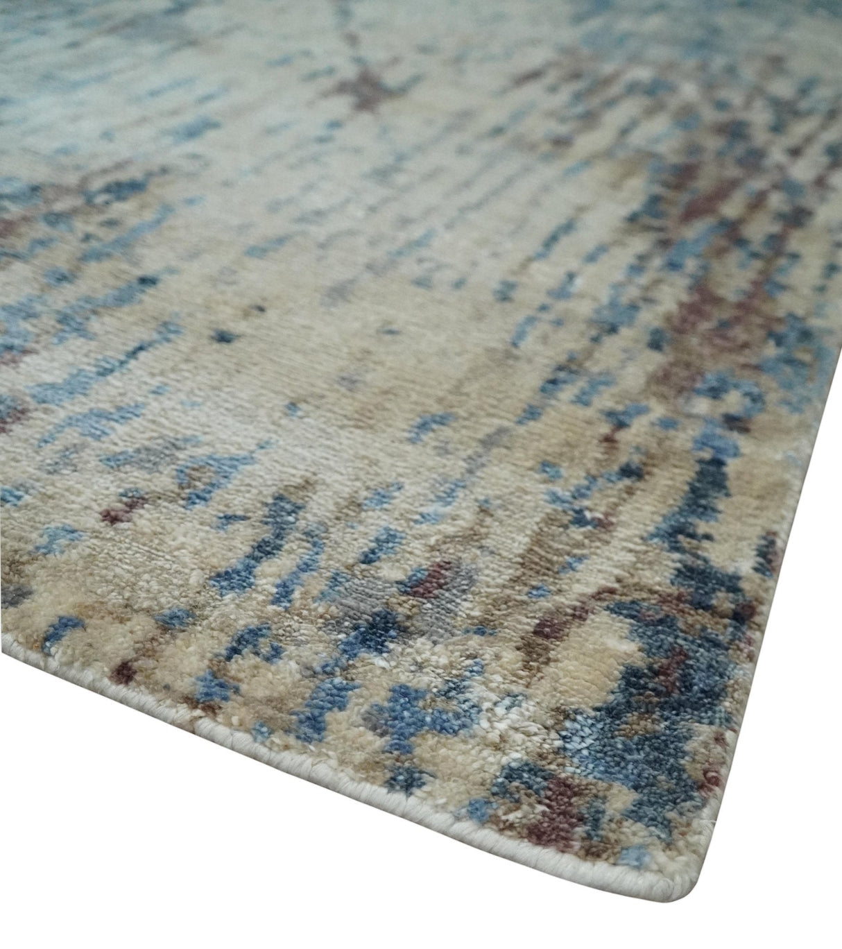 Luxury 8x10 Hand knotted Blue, Ivory and Brown Abstract wool and Silk Blended Area Rug