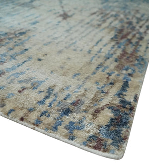 Luxury 8x10 Hand knotted Blue, Ivory and Brown Abstract wool and Silk Blended Area Rug