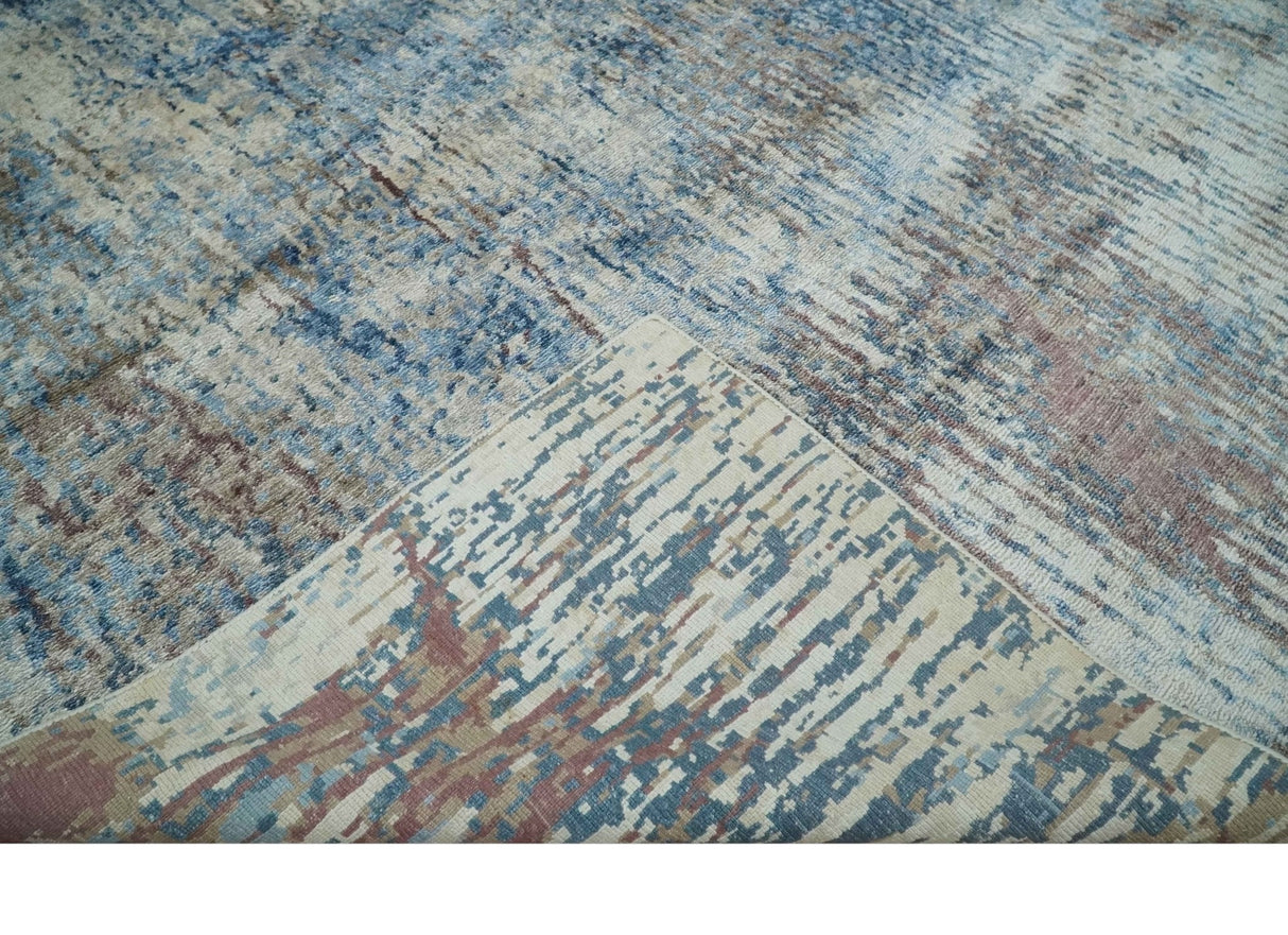 Luxury 8x10 Hand knotted Blue, Ivory and Brown Abstract wool and Silk Blended Area Rug