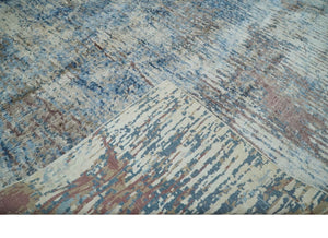 Luxury 8x10 Hand knotted Blue, Ivory and Brown Abstract wool and Silk Blended Area Rug