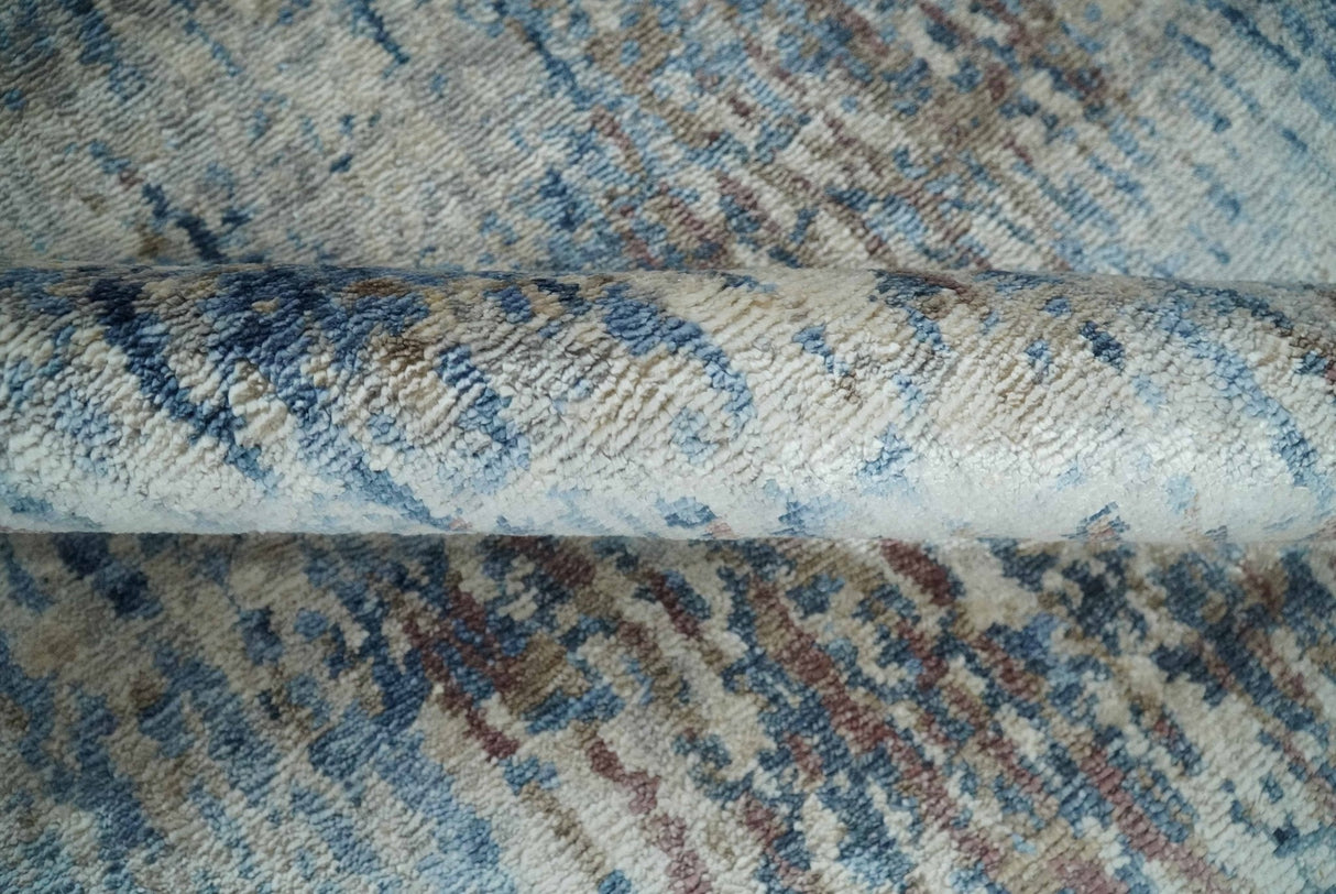 Luxury 8x10 Hand knotted Blue, Ivory and Brown Abstract wool and Silk Blended Area Rug