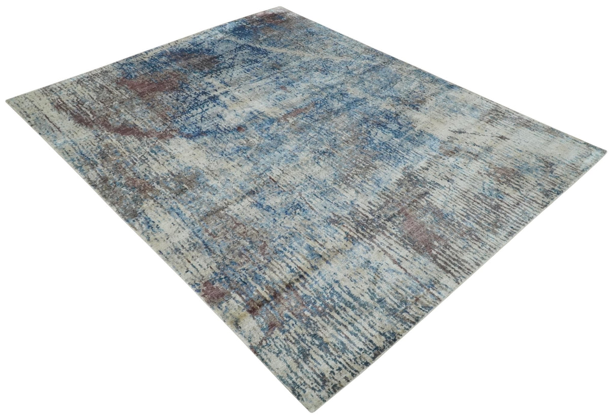 Luxury 8x10 Hand knotted Blue, Ivory and Brown Abstract wool and Silk Blended Area Rug